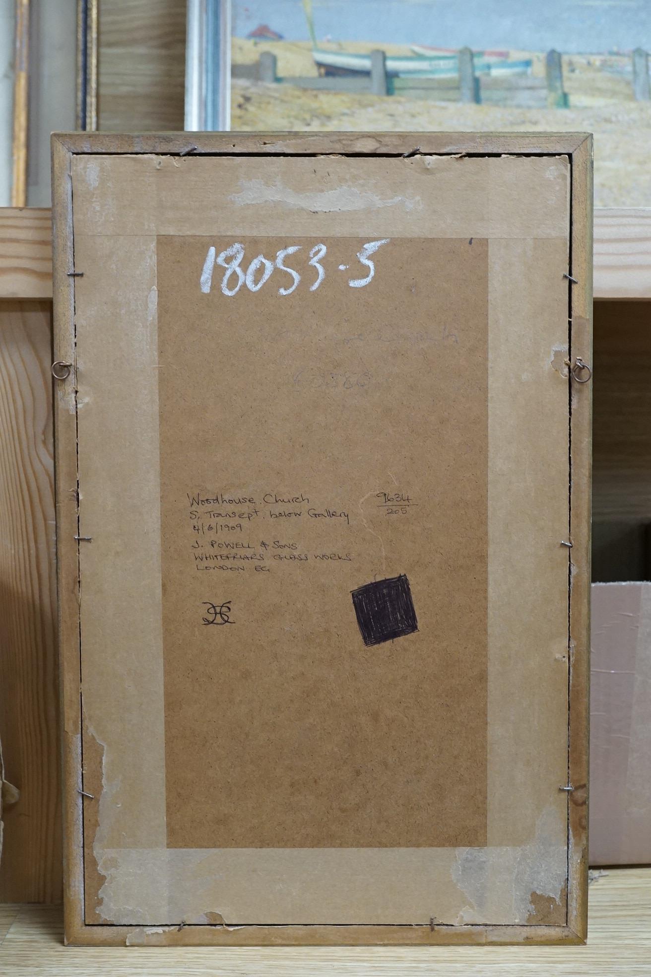 J Powell and Sons for Whitefriars Glassworks London, original watercolour design for stained glass window in Woodhouse Church, 20 x 8cm. Condition - good